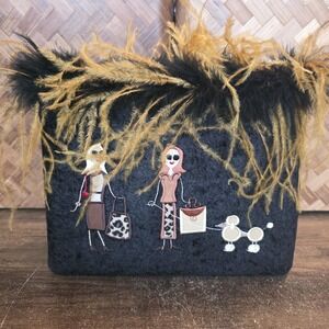Black Handbag Velvet Like Embroidered Ladies Shoppers Poodle Feathers 10.5 x 8.5